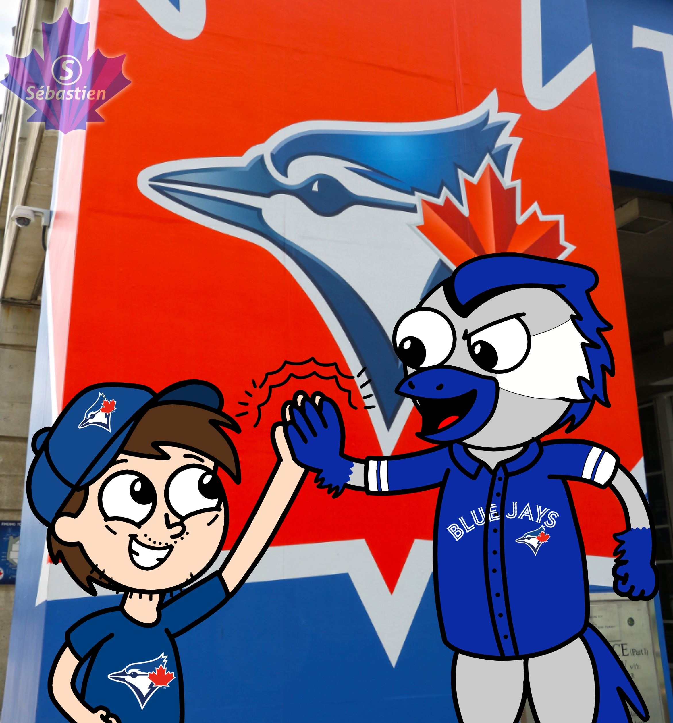 Giving a high five to Ace, the Toronto Blue Jays mascot by Seb